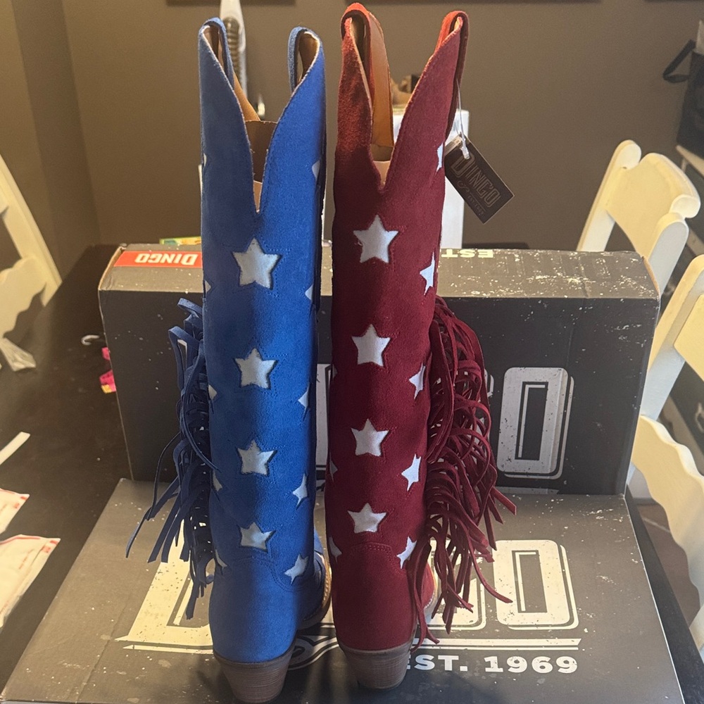 Dingo Super Star Red and Blue Fringe Cowboy Boots - Picture 4 of 6